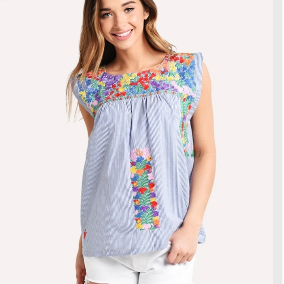 J Marie Ana Maria Cotton Embroidered Stripe Peasant Tunic Blouse Lge - Picture 2 of 11